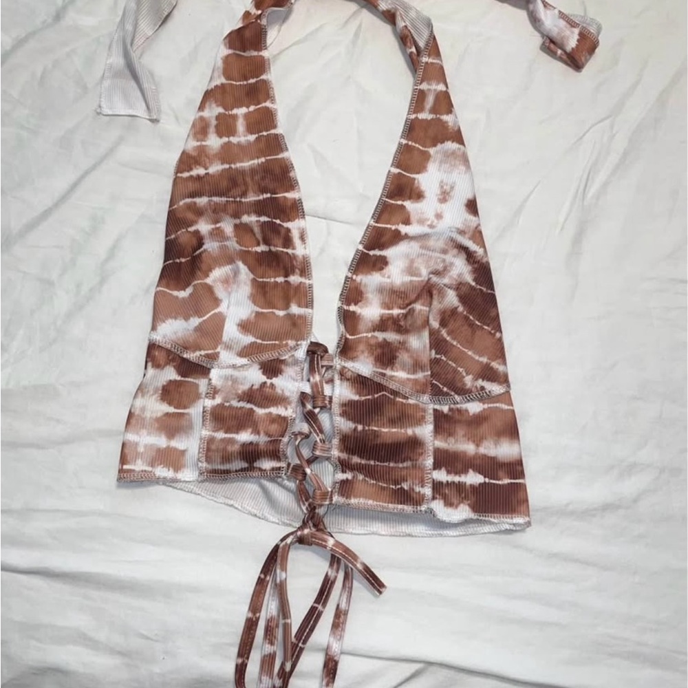 Fashion Nova Brown and White Tie-Dye Halter Blouse